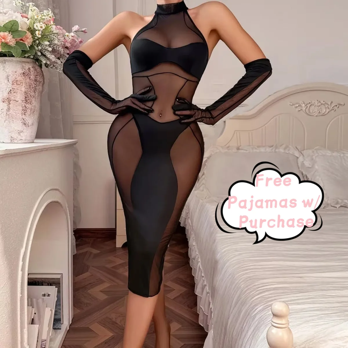 Valentine's Elegant Mesh Bodysuit 2PC w/ Gloves | See-Through Zip Thong | Free Pajamas w/ Purchase