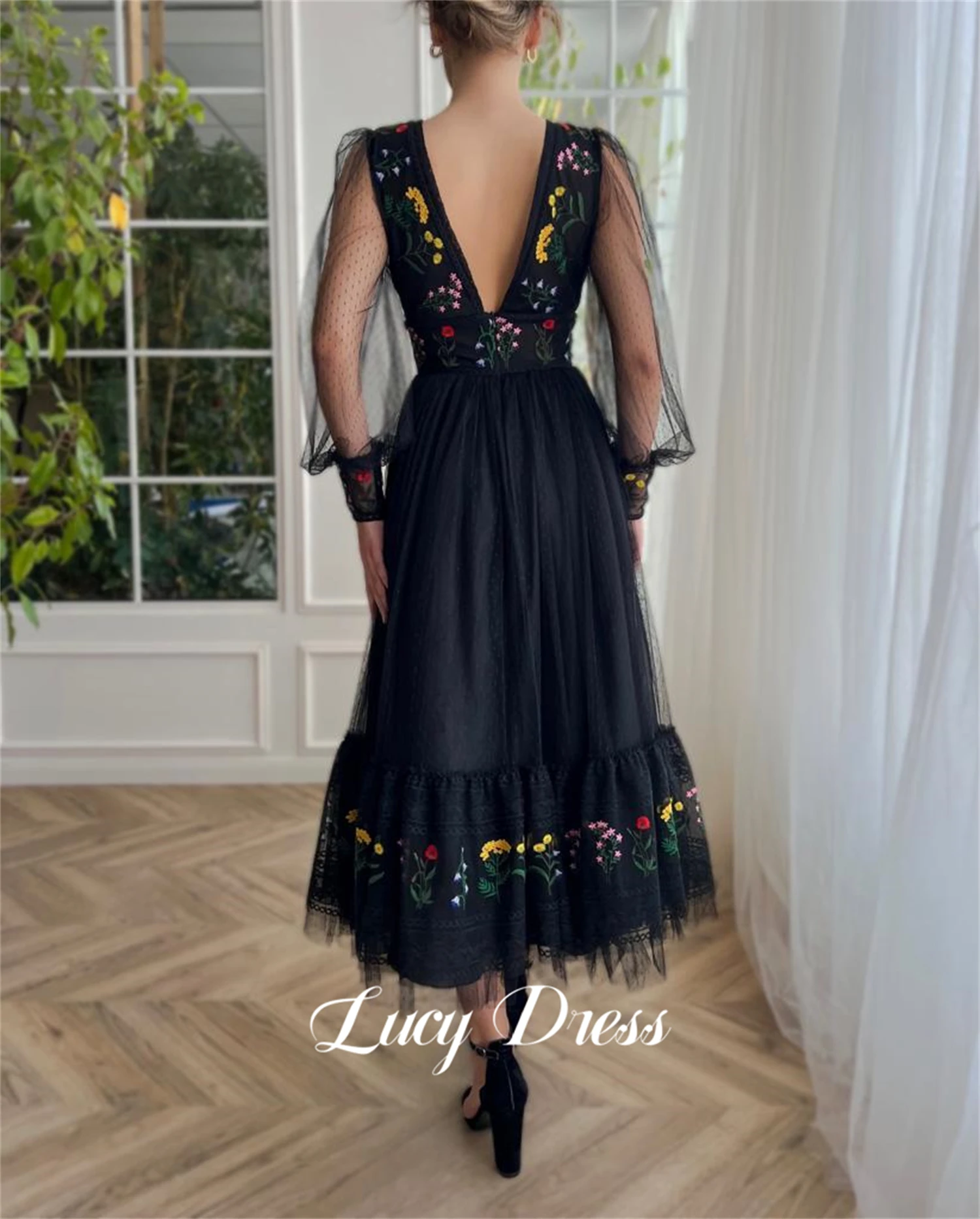 Lucy Prom Black Floral Embroidery Fabric Medium Length Party Dress Lace Cocktail Women\'s Evening Elegant Dresses Luxury Gown