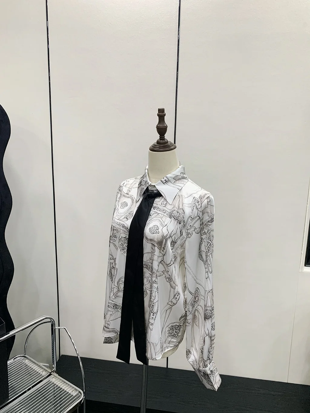 Slimming Long Sve irt Women's Casual Commute High Waist in Sle Vintage Print Loose Fit  Collar Button down irt