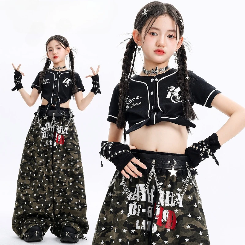 

Girls Hip Hop Street Dance Costume Black T-Shirt Crop Top Baggy Pants Fashion Streetwear Group Ballroom Jazz Rave Clothes Set