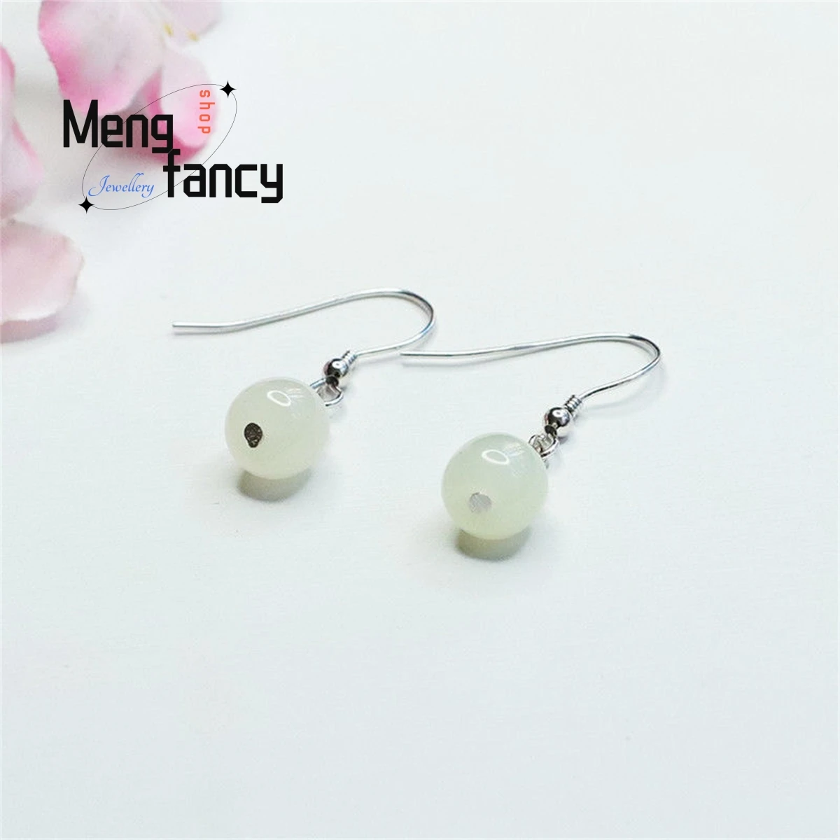 

Natural S925 Silver Hetian White Jade Road Tongtong Earring Simple Generous Personality Fashion Boutique Women Fine Holiday Gift