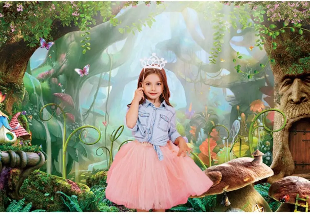 Fairy Tale Forest Backdrop Wonderland Dreamy Mushroom Flower Castle Baby Birthday Photography Background Decor Photo Studio Prop