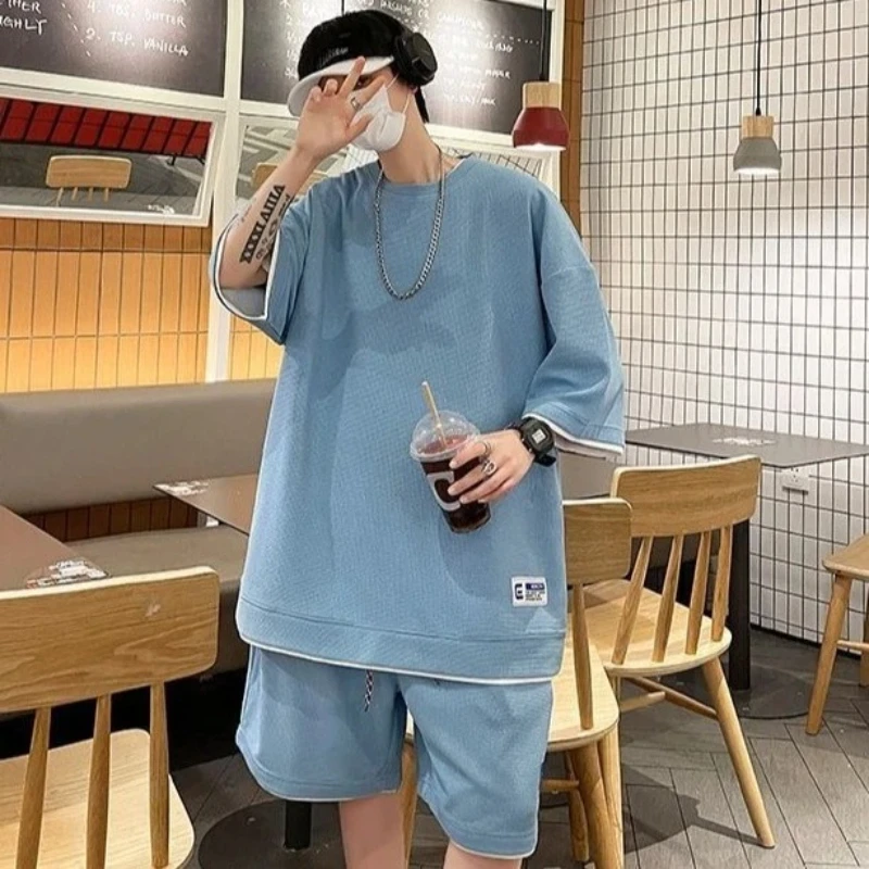 

Plus Size Waffle Men's Summer Casual Sports Suit Trendy Fashionable Short Sleeve Short Pants Two Piece Set Big Size Handsome