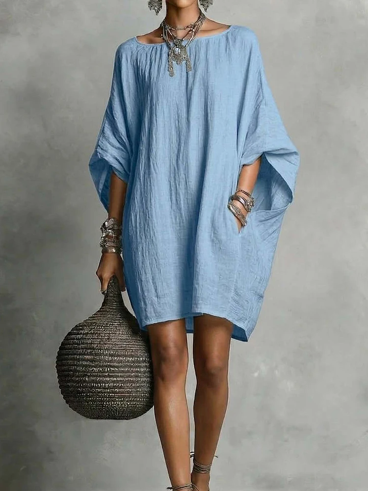 

Весенне-летнее свободное повседневное мини-платье, женское платье с рукавами «летучая мышь» и пэчворком для праздников и вечеринок, новое элегантное однотонное женское платье с круглым вырезом