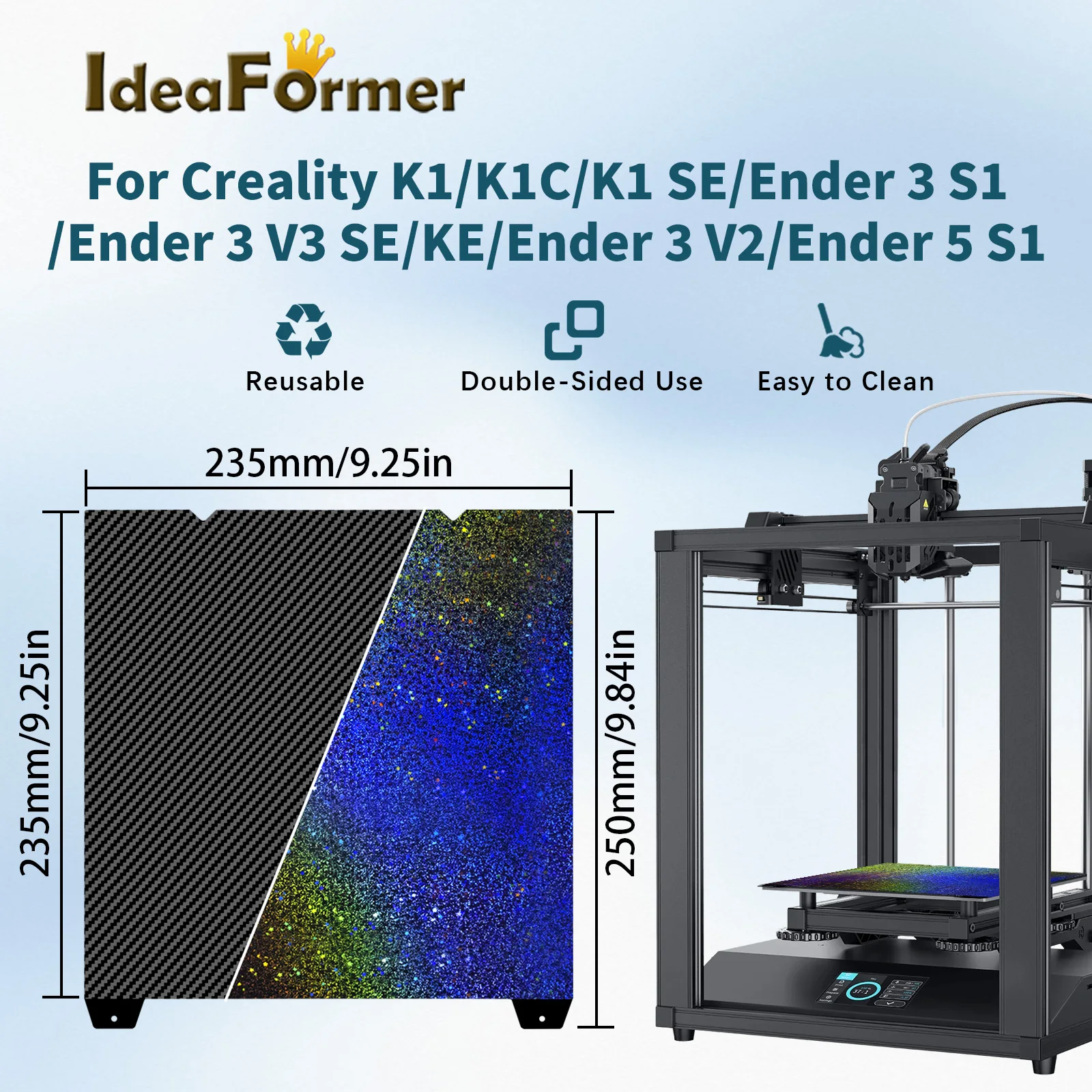 

Пружинная стальная пластина для 3D-принтеров Creality K1/K1C/K1 SE/Ender 3 S1/Ender 3 V3 SE/KE/Ender 3 V2/Ender 5 S1