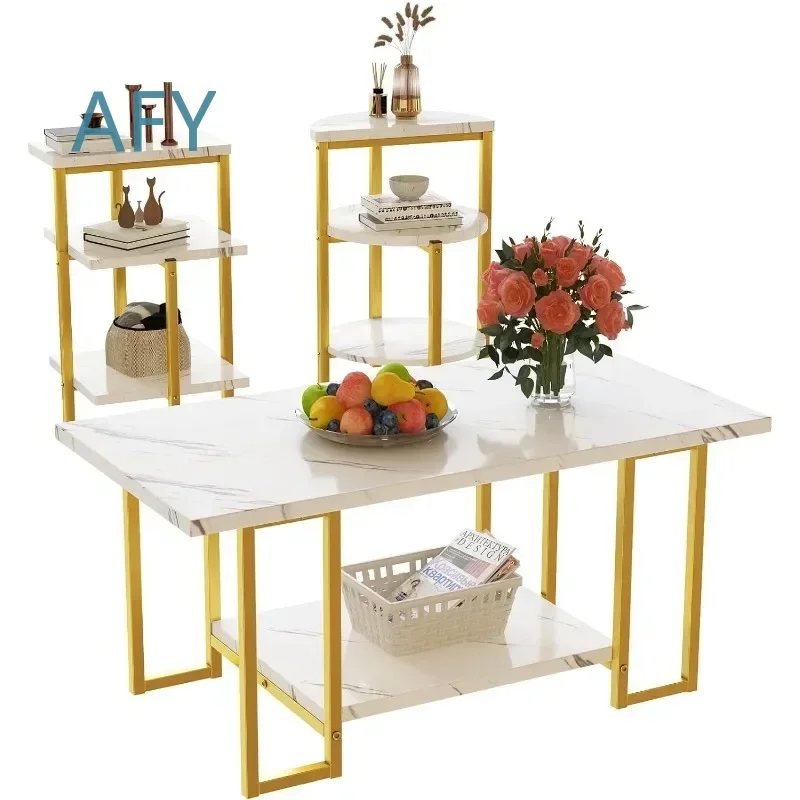 High Quality Coffee Table Set of 3 for Modern Living Room Decor Faux Marble Coffee Table and 2 End Tables with Open Shelves