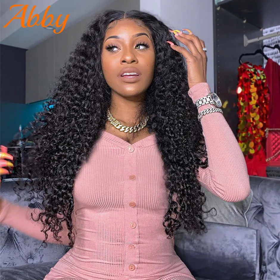 ABBY Hair Deep Wave Wigs Peruvian Deep Curly HD Transparent Lace Frontal Human Hair Wigs For Women 32inches Water Wave Long Wigs