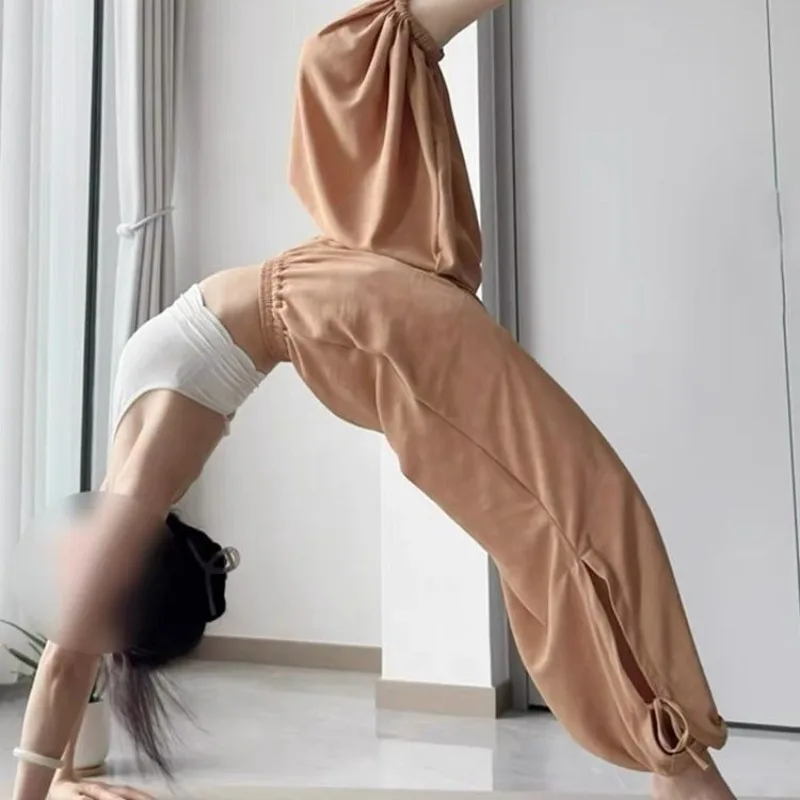 New Chinese Style Relaxing Yoga Pants Women's Mid-high Waist Loose Breathable Tying Foot Straps Bloomers Trousers Wide-leg Pants
