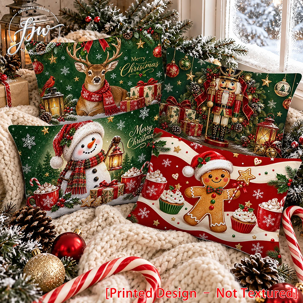 4pc Christmas Throw Pillow Covers, Snowman Reindeer Nutcracker Gingerbread Man Winter Cushion Cases for Sofa Couch
