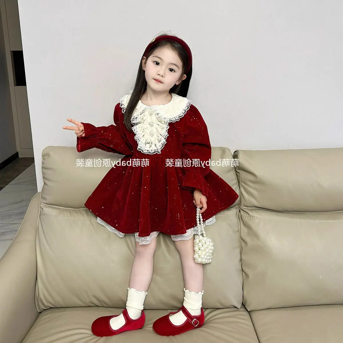 Girls Red Dress 2024 Autumn Winter New Red Fine Glitter Lace Collar Velvet Dress Baby Girls Velvet Princess Dress Skirt Clothes