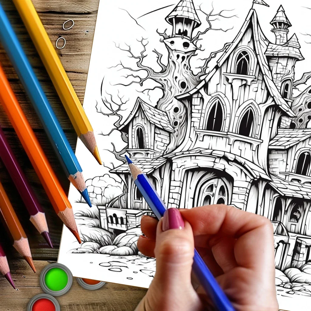 Haunted House Coloring Book for Adults, Spooky Drawing Pages for Stress Relief, Birthday Gift & Back to School Art Supplies view 6