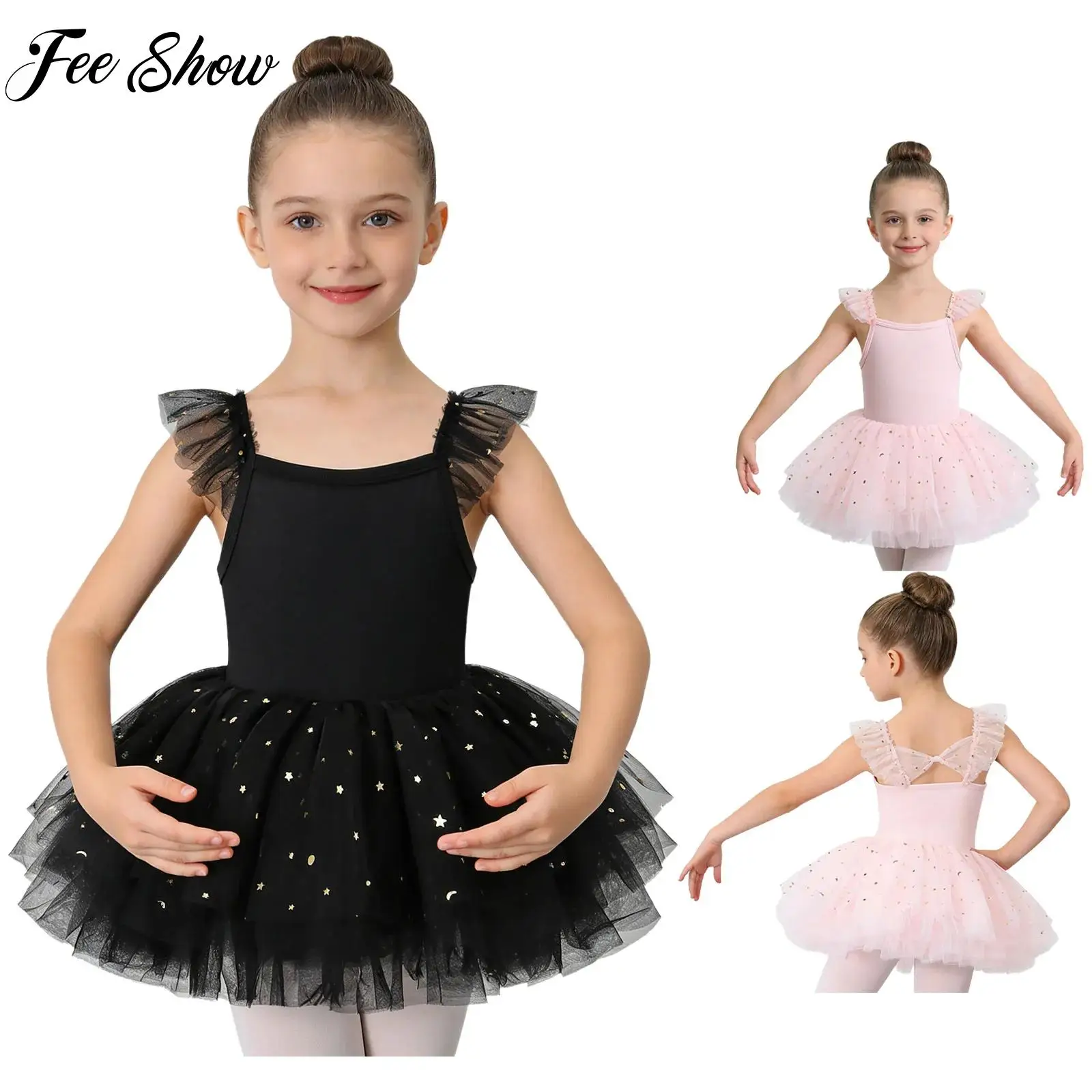 

Kids Girls Shiny Sequins Tulle Dance Dress Ruffled Sleeves Ballerina Dress with Built-in Briefs for Ballet Practice Performance