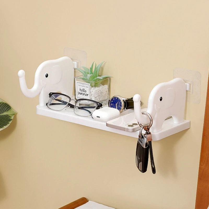 Bathroom Shelf Self Adhesive Wall Mounted Storage Shelves with Elephant Guardrail Hook for Shampoo Kitchen Condiment