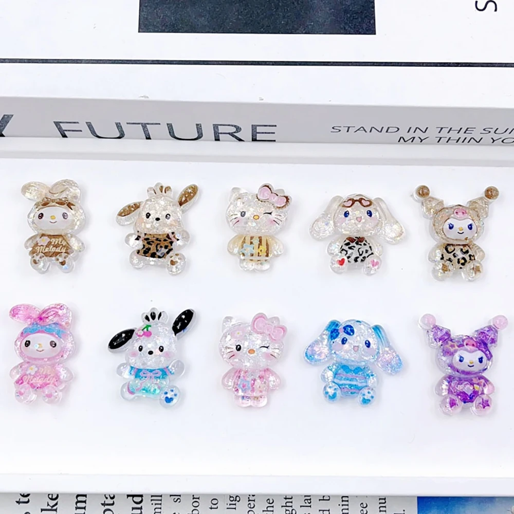 20 buah Aksesori kuku Sanrio payet Glitter kartun gambar cetak macan tutul Hello Kitty Kuromi Cinnamoroll Diy stiker seni kuku