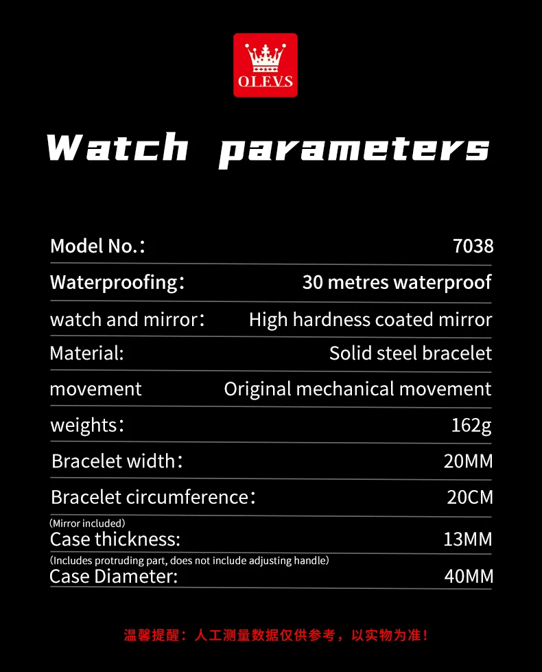 ساعة ميكانيكية OLEVS 7038 للرجال بمينا ماسي كامل وعرض تقويم مقاوم للماء ومرحلة القمر من الفولاذ المقاوم للصدأ أوتوماتيكية للرجال