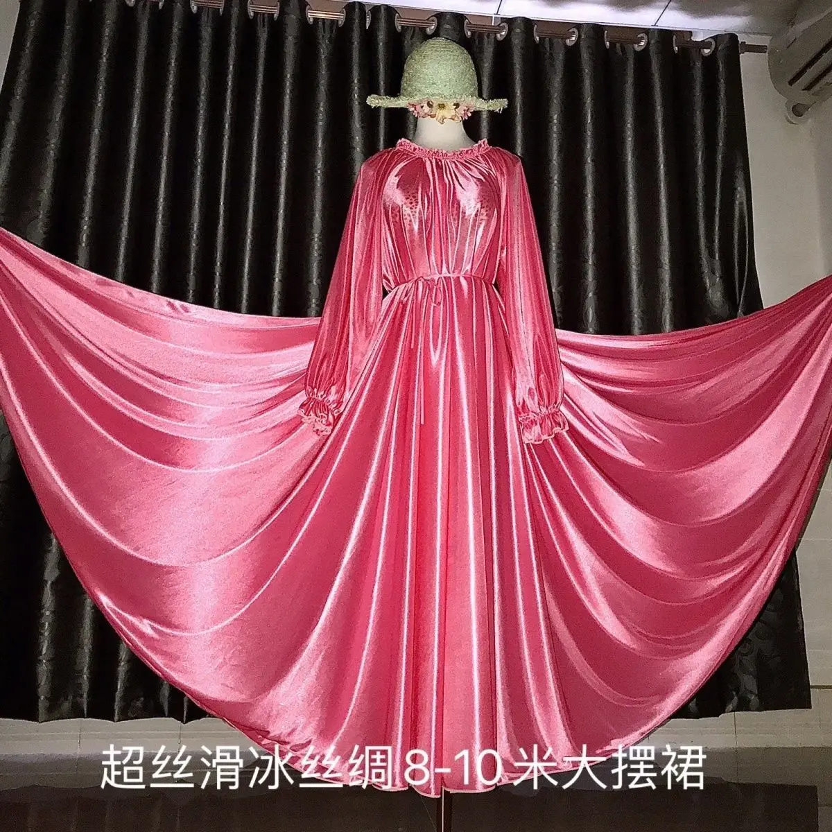 

Glossy Women Ruffles Satin Long Sleeve Dress Loose Maxi Dress Plus Size Sleeping Pajamas Robe