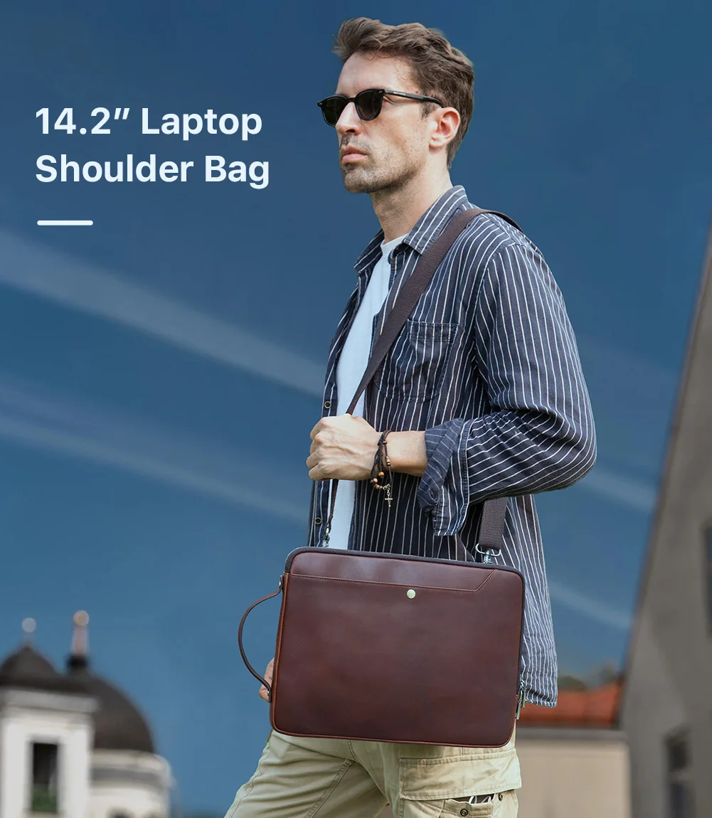 Genuine Leather 14.2 inch Laptop Bag Men Sling Shoulder Bag Small Briefcase Business Bag Tote Computer Bag for Macbook Pro 14.2\