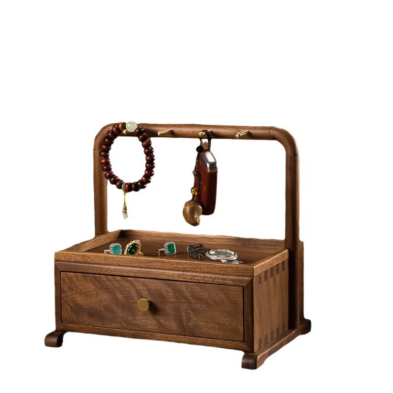 Entryway black walnut storage box, desktop key rack with drawer, solid wood jewelry box