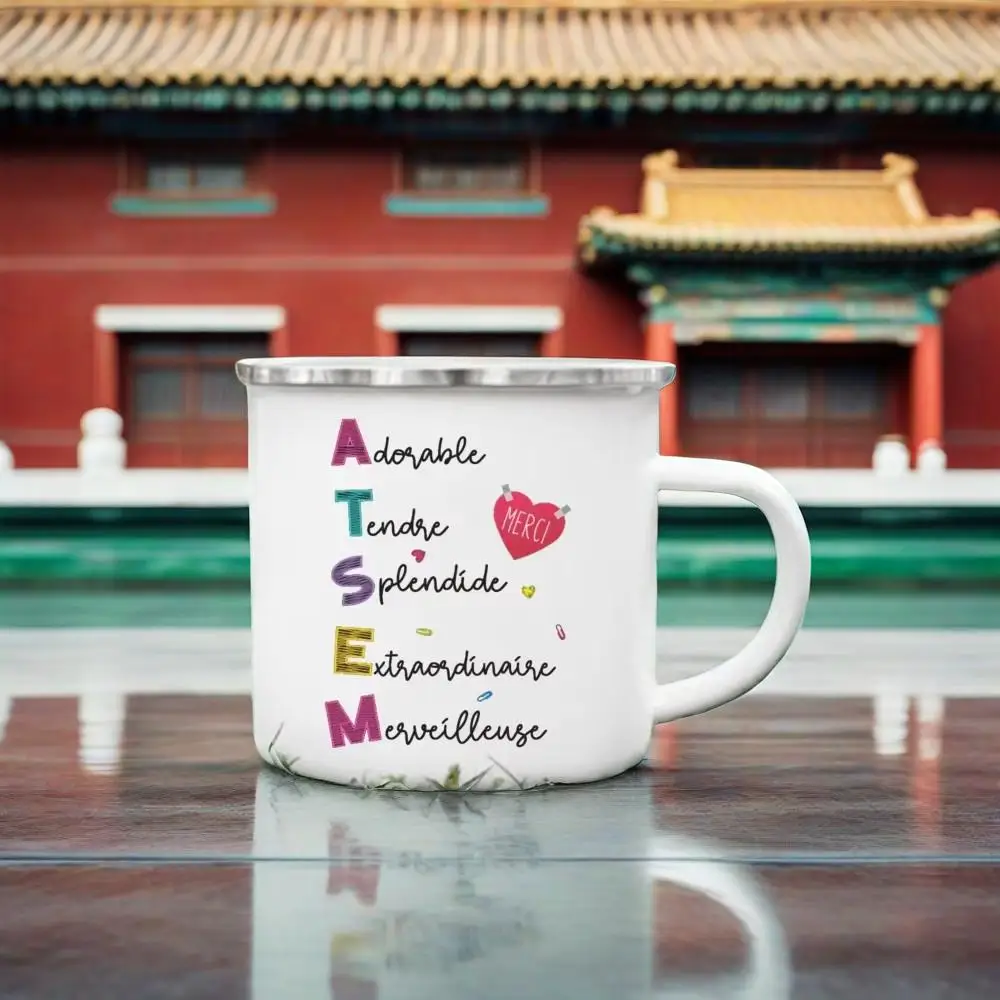 Creative Coffee Cups Drinks Water Enamel Cup French Printed Mugs School Handle Drinkware Best Graduation Thanks Gifts for Atsem