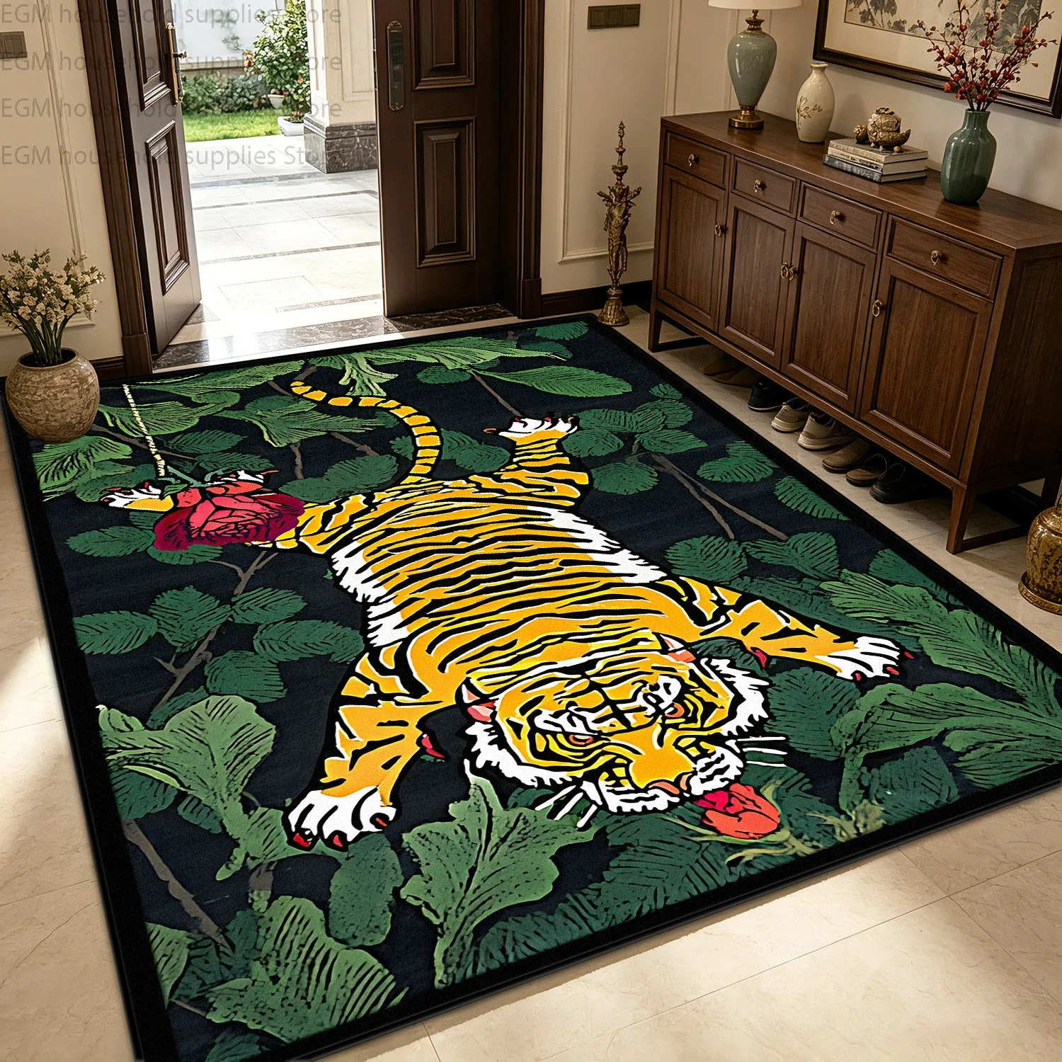 Retro Tiger Printed Large Carpet for Living Room Decor Rug Non-slip Washable Short Velvet Soft Entrance Lounge Floor Mat Bedroom