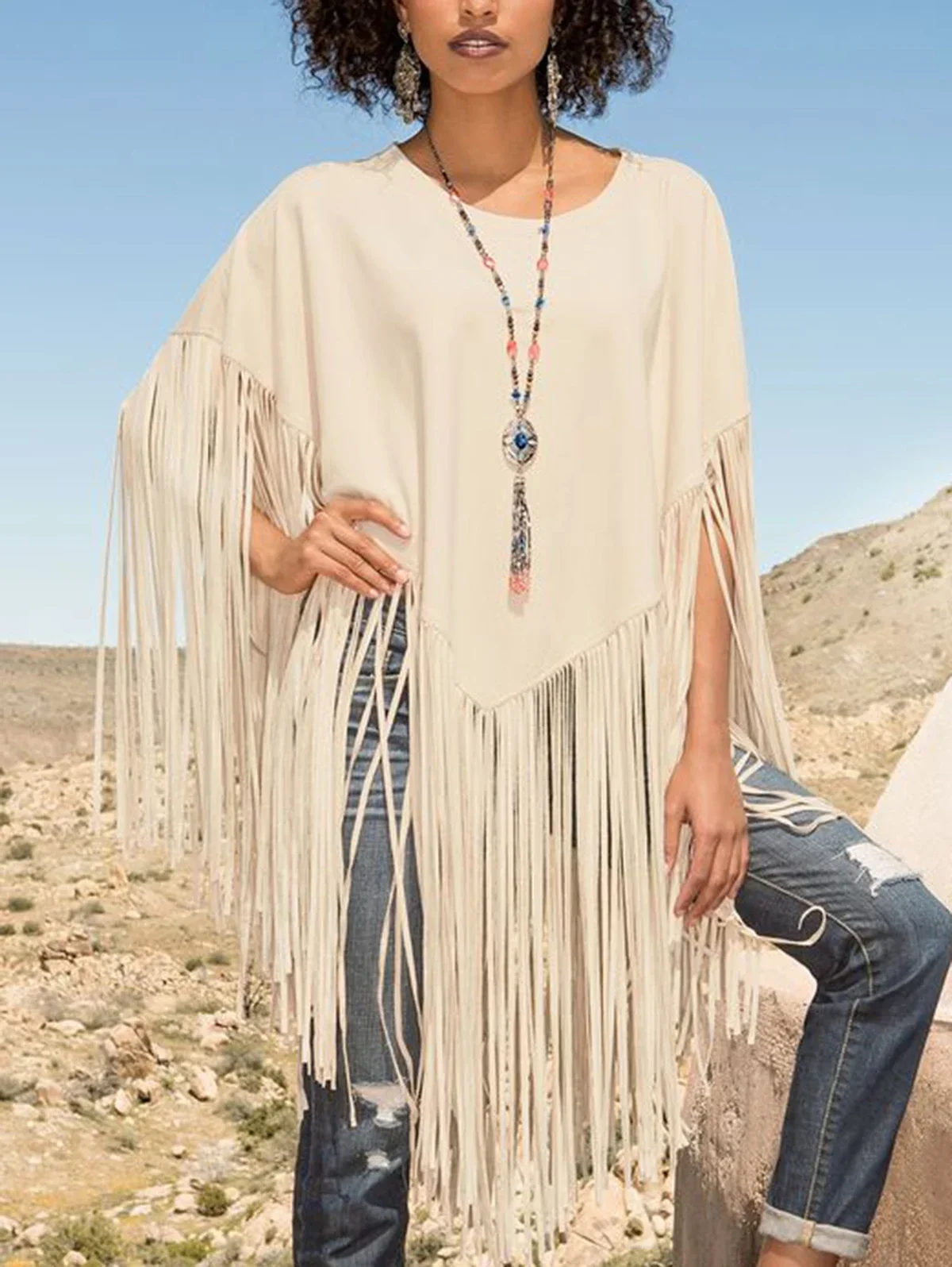 Plus Size Tassel Fringe Cloak Pullovers For Women Round Neck Sleeveless Elegant Top Female Autumn Asymmetric Hem Capes Top