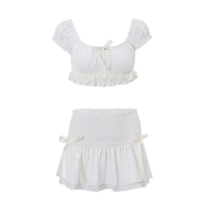 Conjunto de dos piezas de falda adelgazante de cintura baja y manga corta de burbuja Sexy de verano para mujer conjunto de 2 piezas a juego