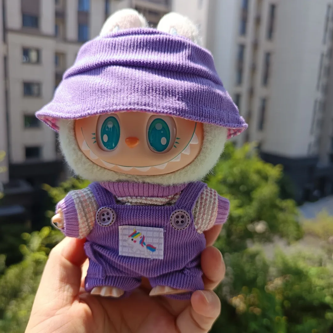 

Clothes For 1st - 3rd Gen 15/17cm Labubu Dolls Trendy Knit Fisherman Hat & Overalls Outfits - Colorful Knitted Sets