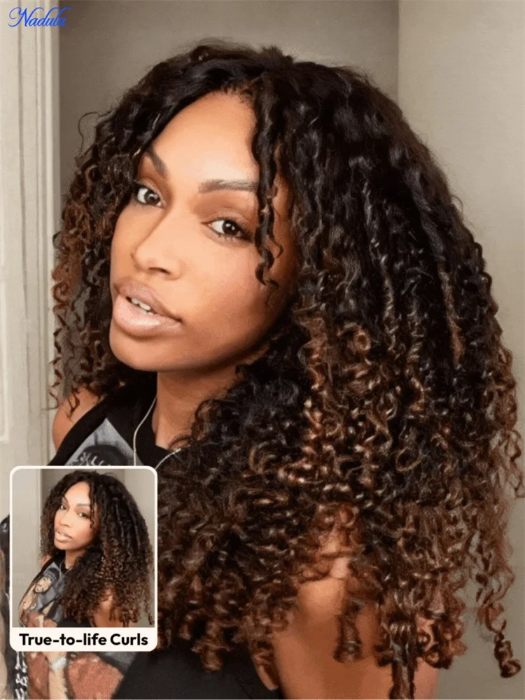 Nadula Burmese Curly Glueless Wig with Finger Coils End Chestnut Brown Ombre 7x5 Pre Cut HD Transparent Lace Pre Bleached Knots 100% Human Hair Wig with Drawstring Ready to Wear Suitable for All Heads Size