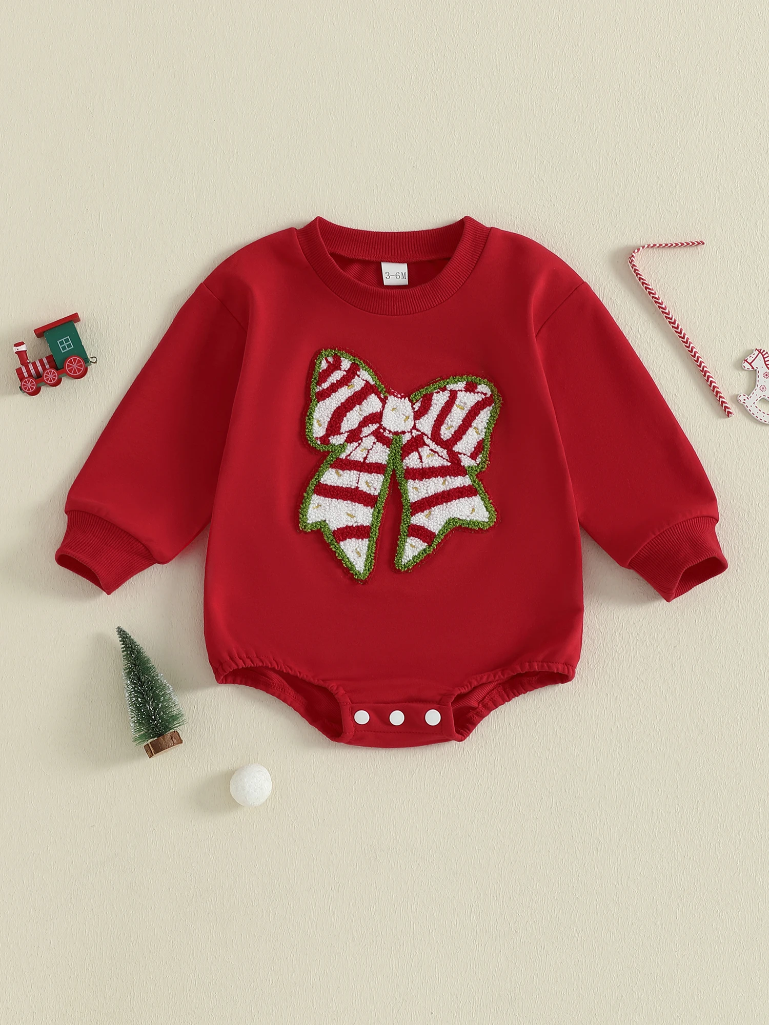 Romper Liburan Bayi Perempuan dengan Detail Pita Meriah Lengan Panjang dan Garis Leher Bulat untuk Pakaian Natal yang Menggemaskan