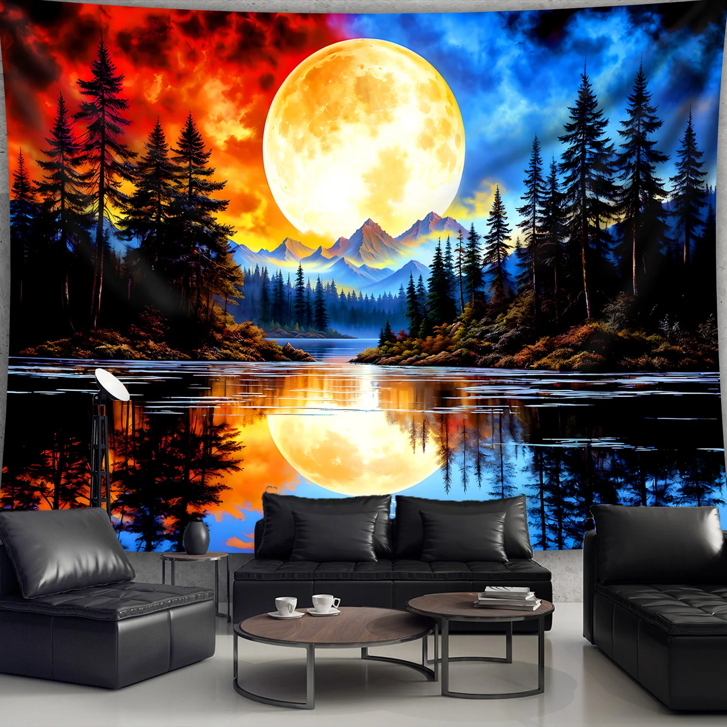 VIKAMA Magical Full Moon Lake Tapestry Colorful Night Forest Landscape Wall Hanging for Bedroom Living Room