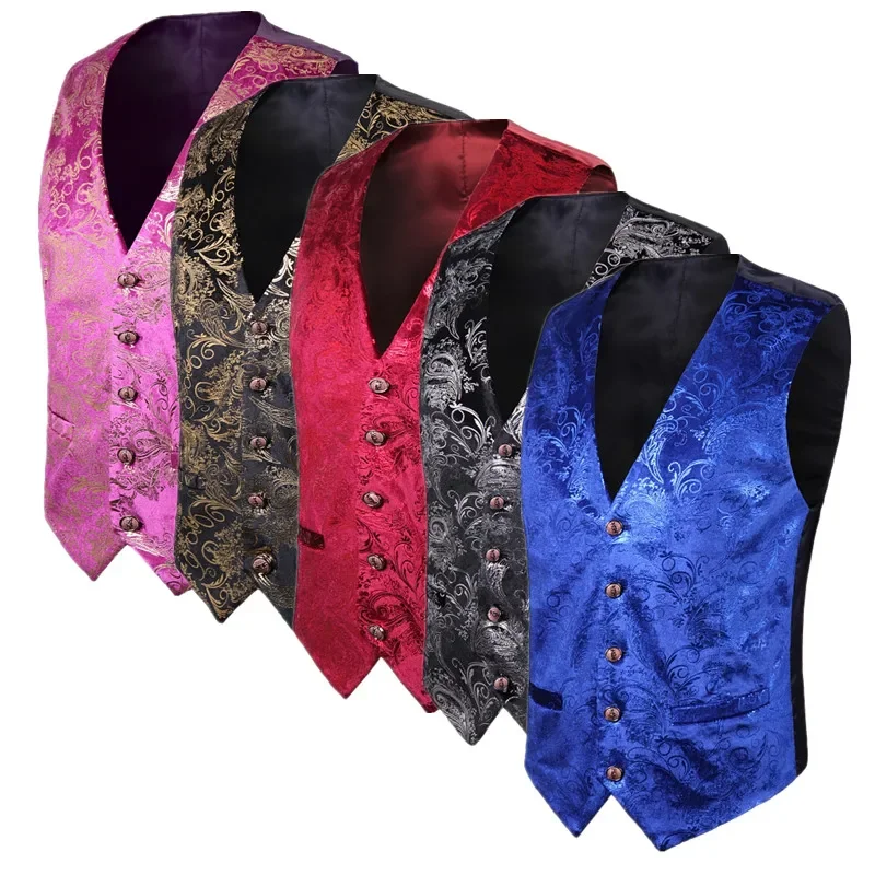 New Men Luxury Wedding Suit Vest Gold / Silver / Red Fashion Male Gold Velvet Embossed Waistcoat