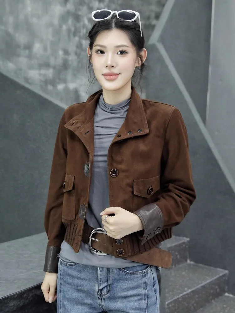 Autumn Vintage Women Single Breasted Genuine Leather Jacket Stand Collar Spliced Casual Outwear Coat Motorcycle Riding Jackets