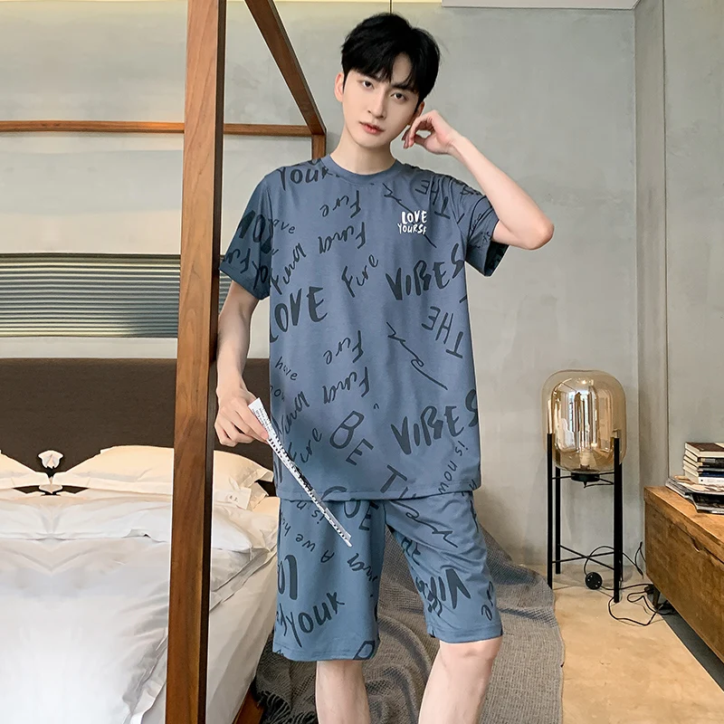 

Cool Sensation Ice Silk Modal Cotton Men's Summer Spwear Thin Home Clothes Set Blue ort Sve round Ne Home Comforter