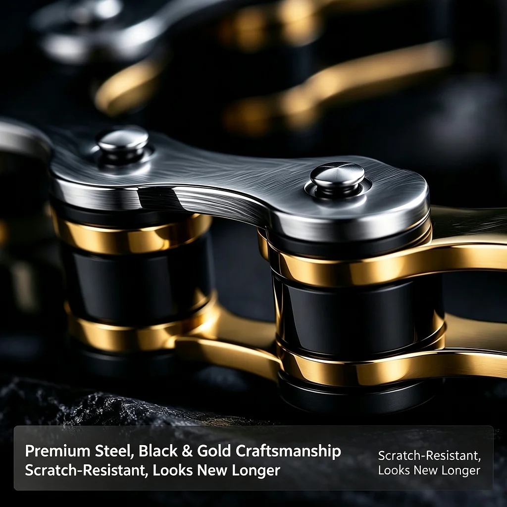 Black Gold Biker Chain Bracelet Men Stainless Steel Motorcycle Link Wristband Rust-Resistant Durable Double Safety Clasp
