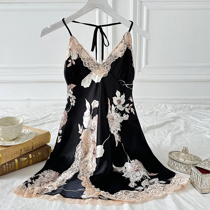 Sexy Lace Edge Slit Sleepwear Black Printed Casual Home Clothes Nightgown Suspender Chemise Nightdress Female Lingerie Nightwear