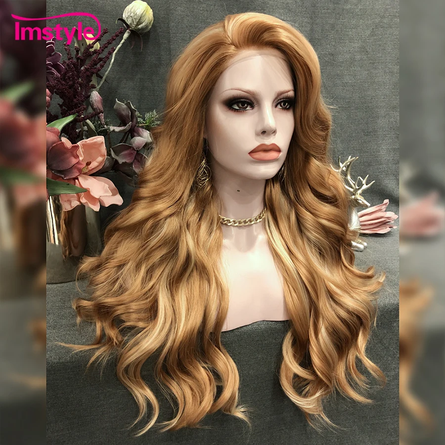 Imstyle-peluca sintética con malla frontal para mujer, cabellera larga ondulada Natural, color rubio dorado, fibra resistente al calor, 24 pulgadas