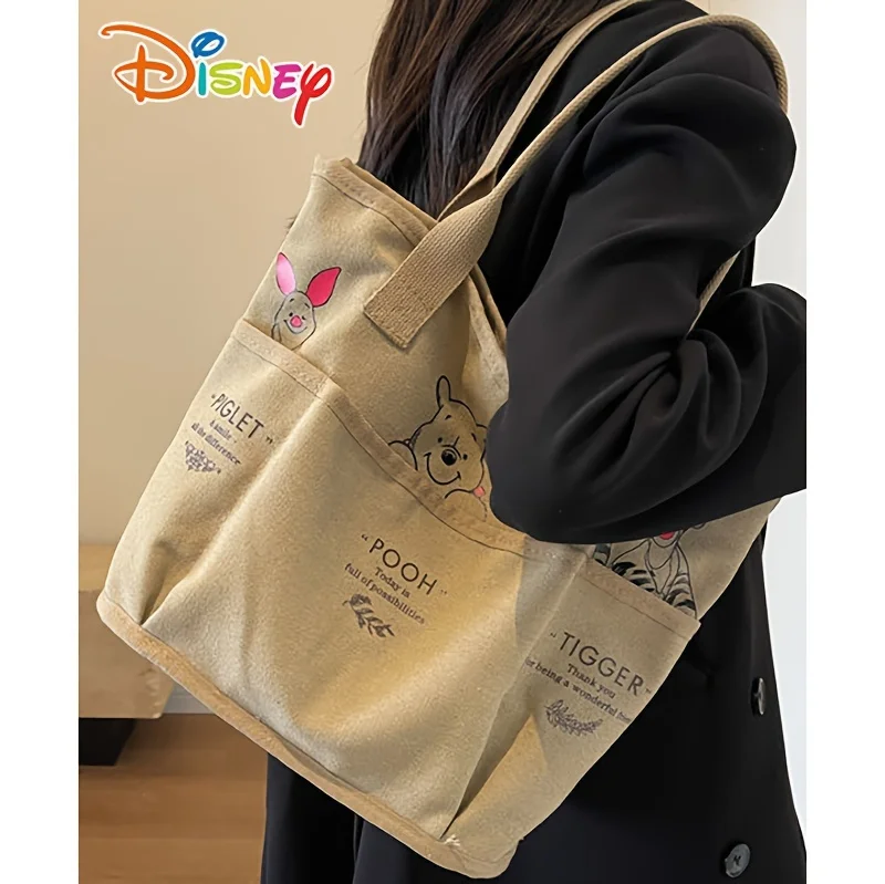 Disney Winnie The Pooh Printed Canvas Tote Bag Retro Shoulder Bag Large Capacity Multi Pocket Light Handbag Student Commuter Bag