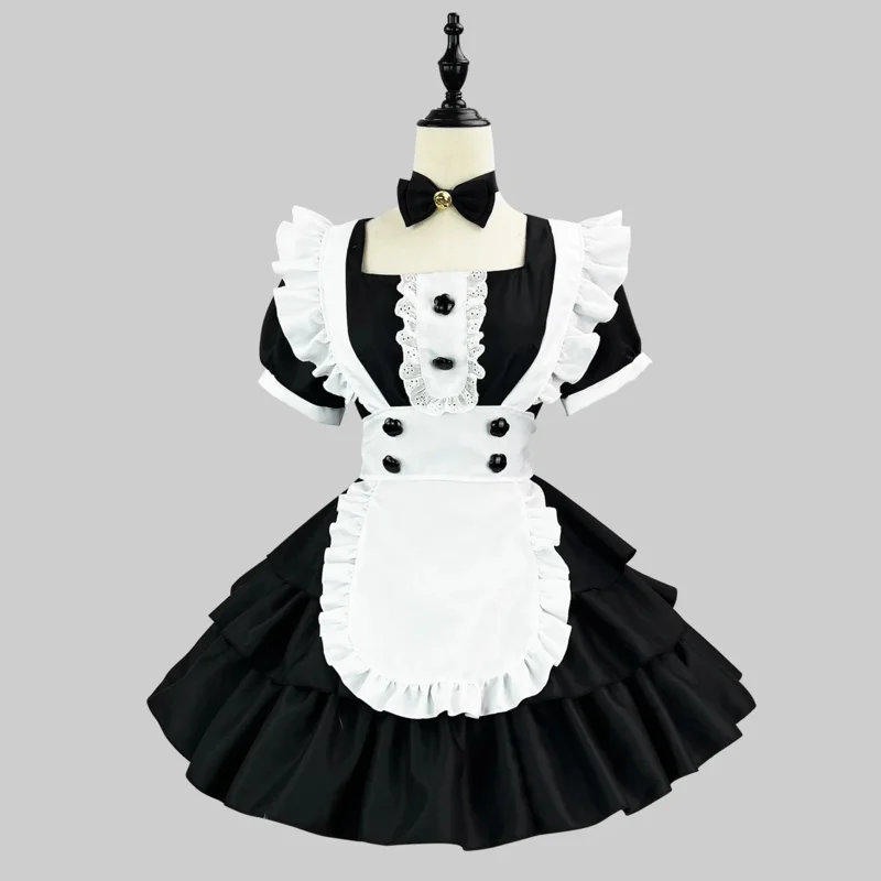 Black Cute Lolita Tiered Maid Dress Costumes Cosplay Maid Fringed Dress Suit for Waitress Maid Party Stage Costumes S -5XL UY210