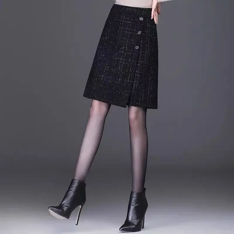 Women High Waist Tweed Plaid Midi Skirt Decorative Button Wrap A Line Casual Skirt