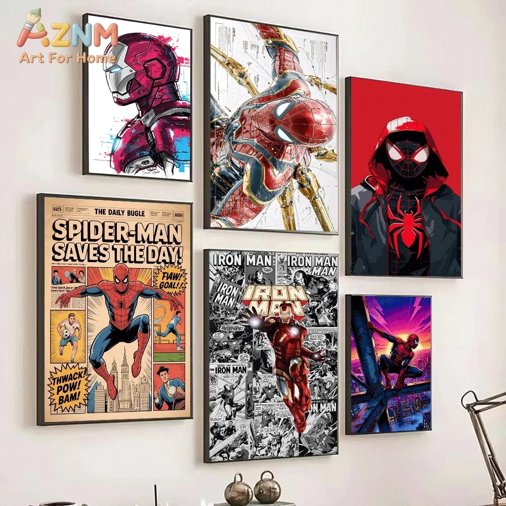 Iron Man Spider‑Man Marvel Superhero Canvas Wall Art Miles Morales Newspaper Comic Pop Style Unframed Canvas Print for Boys Bedr - view 2