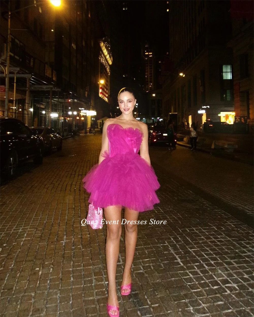 Qanz Modern Fuchsia Short Prom Dresses Tulle Strapless Mini Ruffles Pleat Homecoming Dresses Birthday Dress For Women Customized