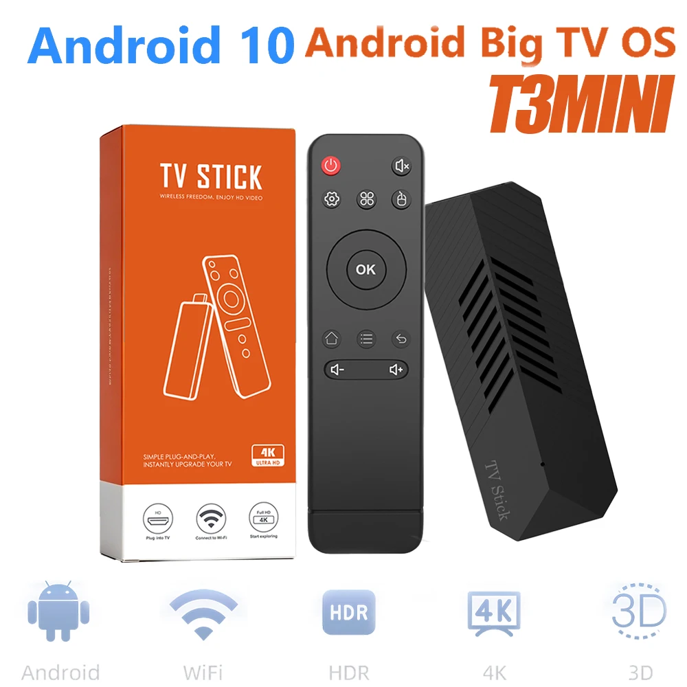 T3MINI Android TV Stick 4K HDR H313 Quad Core 1GB 8GB 2.4G WiFi HDMI Dongle Global Streaming Player Portable Home Theater Device