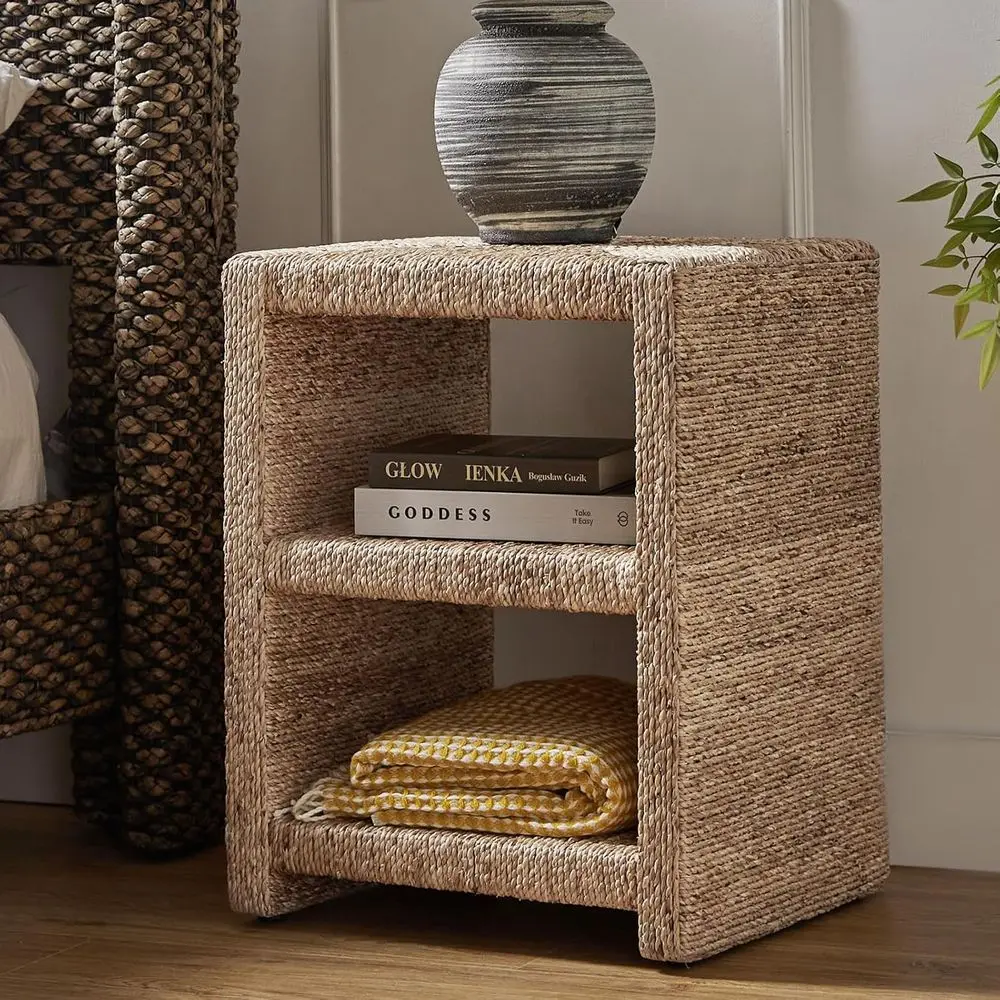 Natural Seagrass Rattan Nightstand with Two Open Shelves, Al Style Side Table