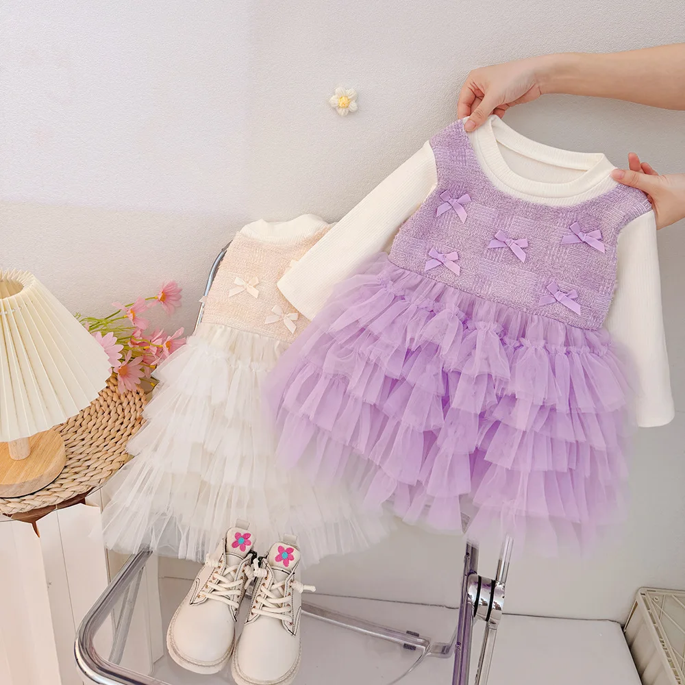 

Платье принцессы с бантом, кружевное платье для девочек, детское весенне-осеннее новое модное удобное милое универсальное платье