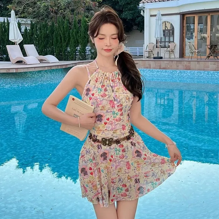 New One-piece Swimsuit Skirt Style Pure Desire Floral Flat Corner Small Chest Covering Belly Slimming Swimsuit for Women