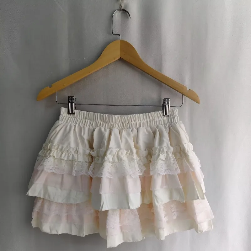 Kimutomo Mini Skirts Women Lace Patchwork Ruffles Sweet Fashion Stretch High Waist Ladies Lolita Style Ladies Skirt Casual