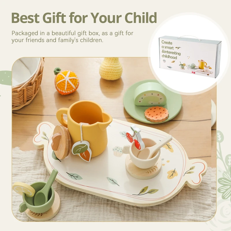 Baby Wooden Afternoon Tea Set Tea Party Tableware Silicone Teacup Toys Kitchen Pretend Play Set for Toddlers Kid Birthday Gift