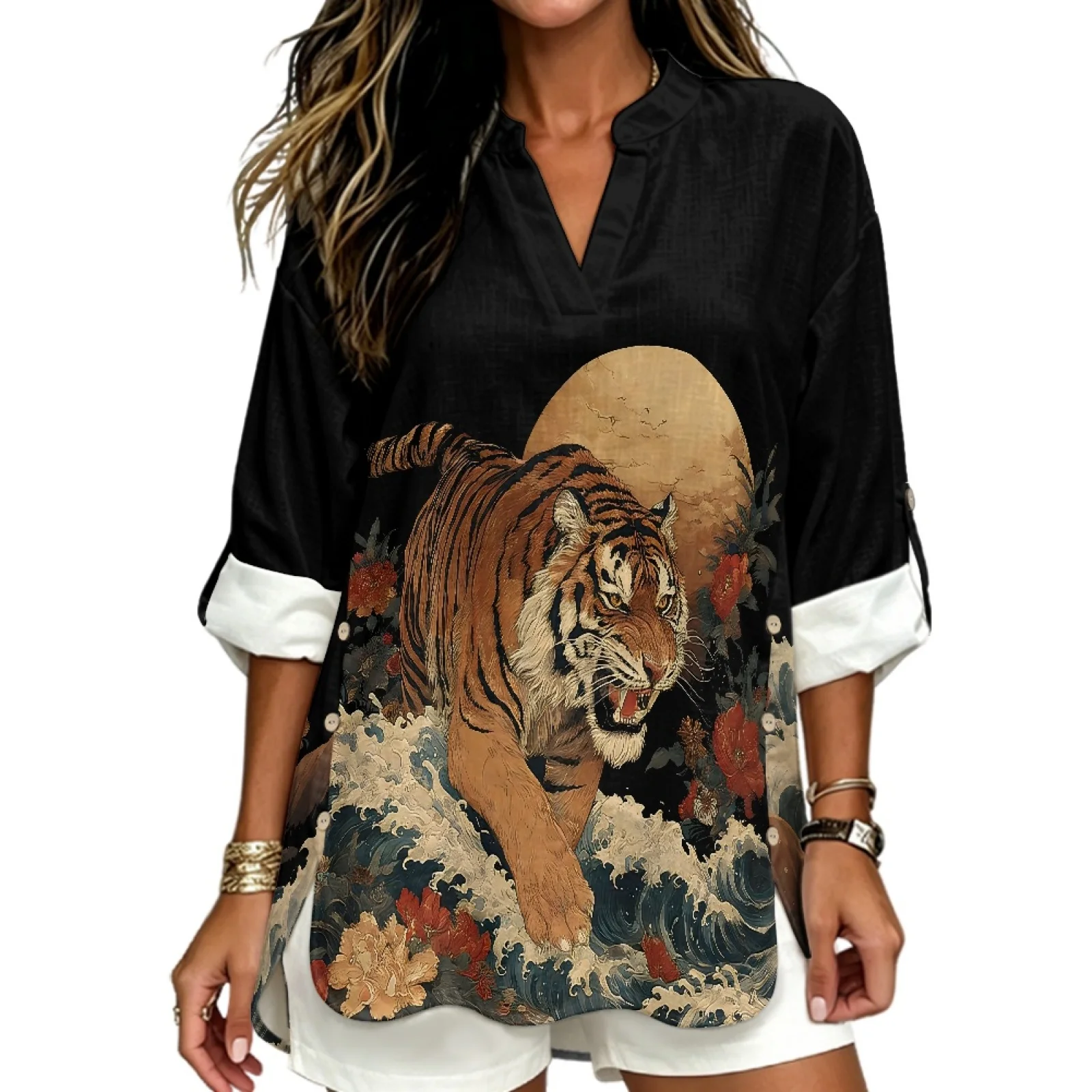PENSTROLL Vintage Tiger Moon Linen Like V Neck Blouses 3/4 Sleeve Notch V Neck Blouses for Women Sizes S-5XL
