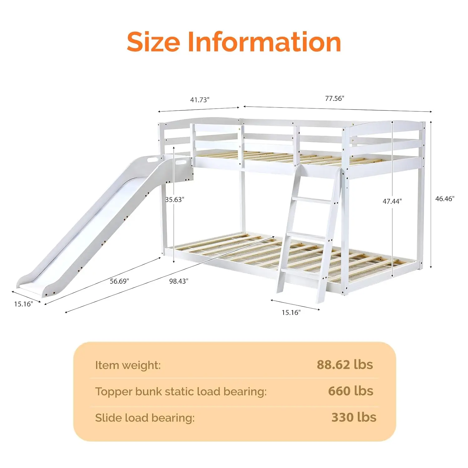 Twin Over Twin Low Bunk Bed With Curved Slide & Ladder, Solid Pine Wood, 14