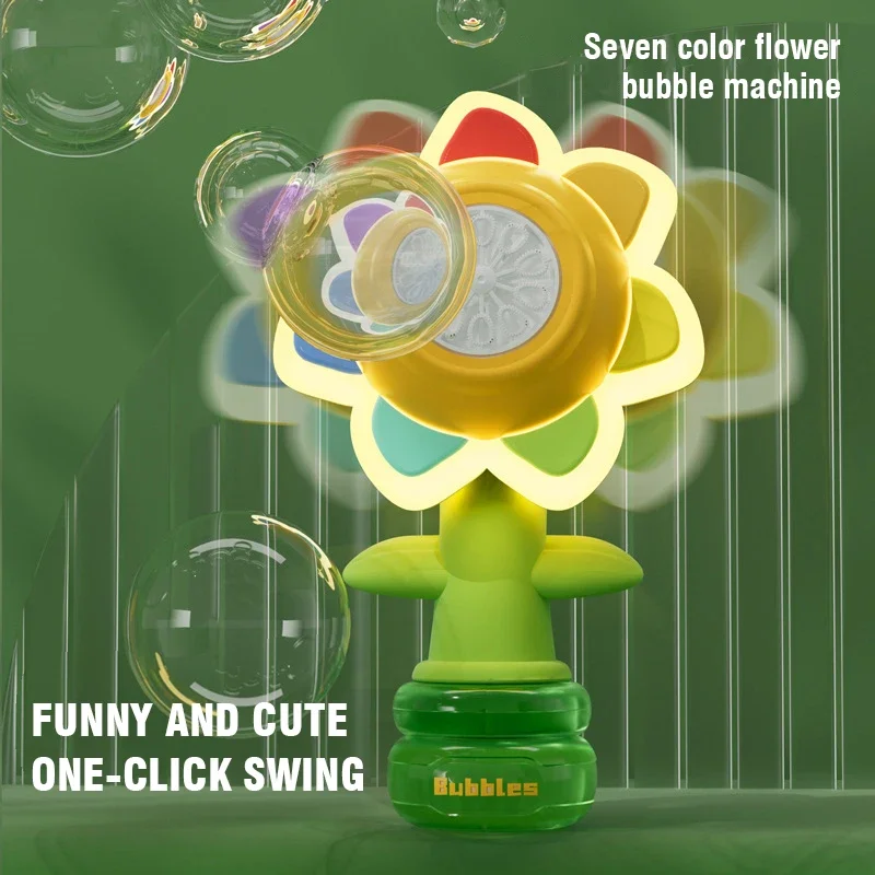 Máquina de burbujas de girasol bailando, máquina eléctrica automática de burbujas de jabón de girasol en movimiento, columpio ligero, juguete, regalo para niños